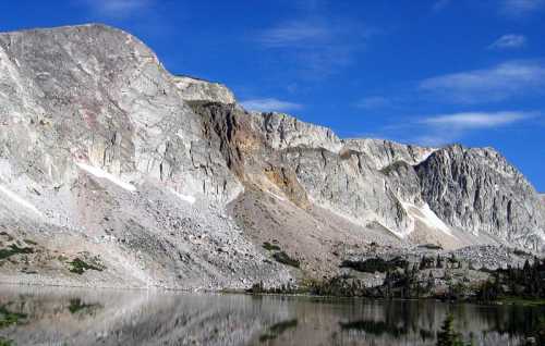 A serene mountain landscape with rocky cliffs reflecting in a calm lake under a blue sky.