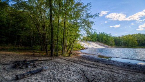 A serene lakeside scene with sandy shore, trees, and a gentle slope under a blue sky with scattered clouds.