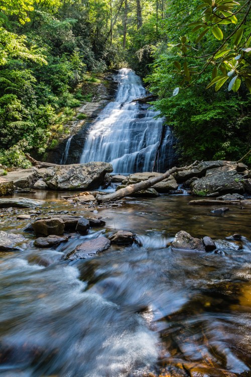 A serene waterfall cascades over rocks, surrounded by lush green trees and a tranquil stream below.