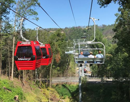 Red gondolas and a chairlift carry passengers over a scenic landscape with trees and hills in the background.