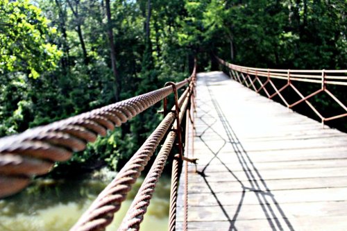 A wooden bridge with metal railings stretches over a calm river, surrounded by lush green trees.