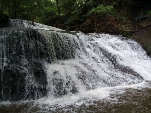 A serene waterfall cascading over rocky terrain, surrounded by lush green trees in a tranquil forest setting.