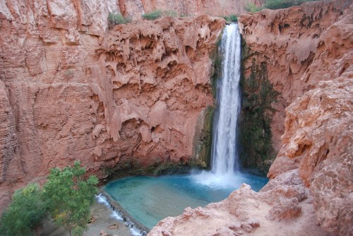A stunning waterfall cascades into a turquoise pool, surrounded by red rock formations and greenery.