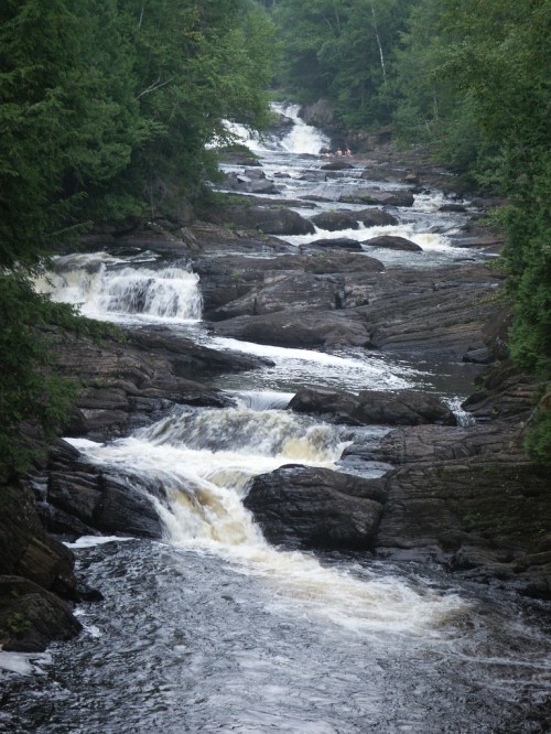 A serene river flows over rocky terrain, surrounded by lush green trees and gentle waterfalls.