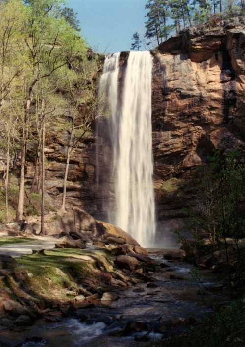 A tall waterfall cascades down rocky cliffs, surrounded by lush green trees and a serene river below.