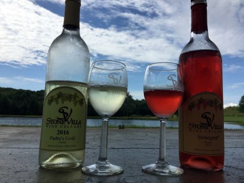 Two wine bottles and glasses sit on a stone surface by a lake, with a blue sky and clouds in the background.