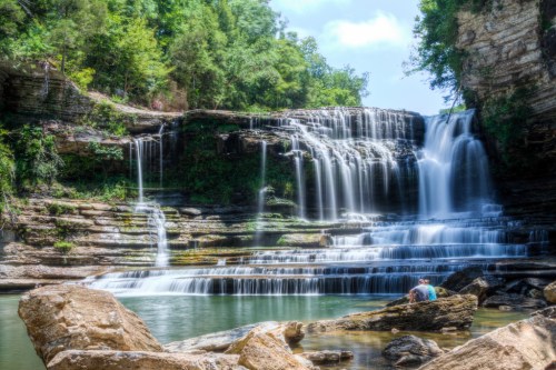 A serene waterfall cascades over rocky cliffs into a tranquil pool, surrounded by lush greenery and a clear blue sky.
