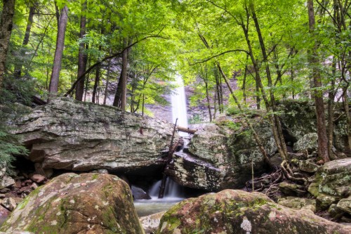 A serene waterfall cascades through lush green trees and rocky terrain in a tranquil forest setting.