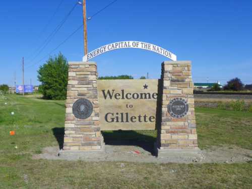 Welcome sign for Gillette, Wyoming, featuring stone pillars and the phrase "Energy Capital of the Nation."