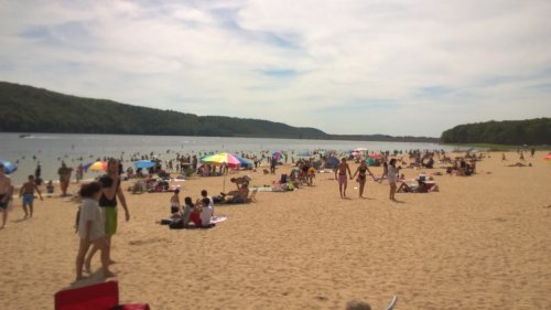 A crowded beach scene with people sunbathing, swimming, and colorful umbrellas along a sandy shore.