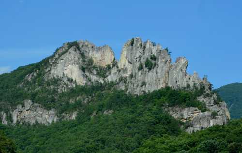 A rugged mountain peak rises above lush green trees under a clear blue sky.