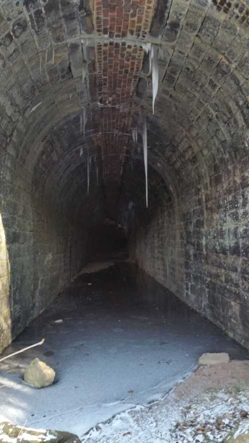 A dark, icy tunnel with stone walls and icicles hanging from the ceiling, leading into a shadowy interior.