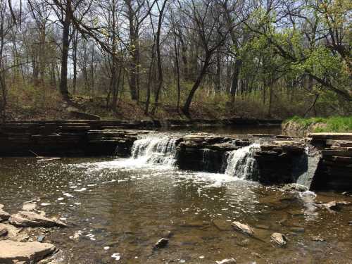 A serene scene of a small waterfall cascading over rocks into a calm stream, surrounded by trees and greenery.