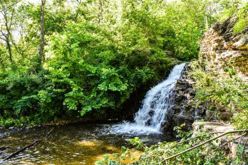 A serene waterfall cascading over rocks, surrounded by lush green trees and foliage.