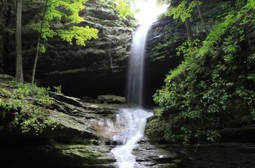 A serene waterfall cascades down rocky cliffs, surrounded by lush green foliage and trees.