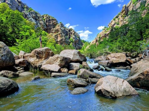 A person stands on a large rock by a river, surrounded by lush greenery and towering cliffs under a bright blue sky.