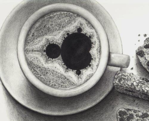 A detailed black and white drawing of a coffee cup with swirling patterns in the coffee and some biscuits beside it.