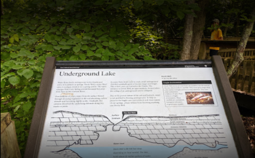 Sign about Underground Lake with illustrations, surrounded by greenery, and a person in the background.