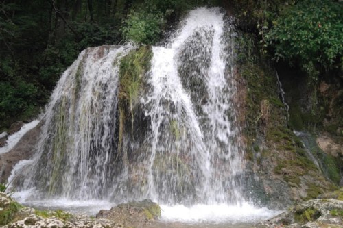 A cascading waterfall flows over rocky terrain, surrounded by lush greenery.