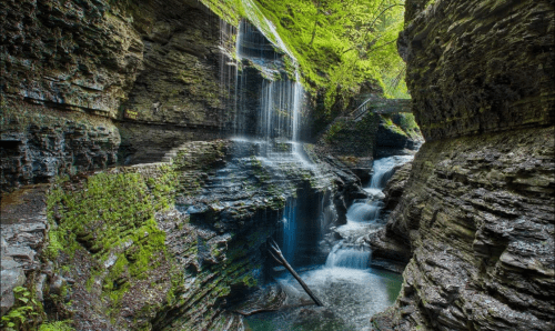A serene waterfall cascades over moss-covered rocks in a lush, green canyon.