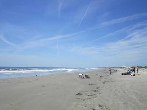 A sunny beach scene with people walking, playing, and relaxing near the water under a clear blue sky.