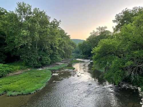 A serene river flows through lush greenery, with trees lining the banks under a soft sunset sky.