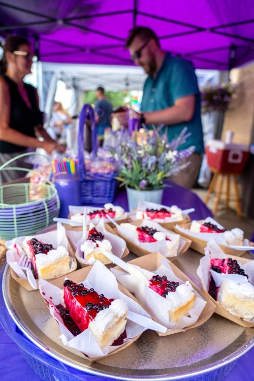A table with dessert trays featuring berry-topped cheesecake slices, with a vendor preparing in the background.