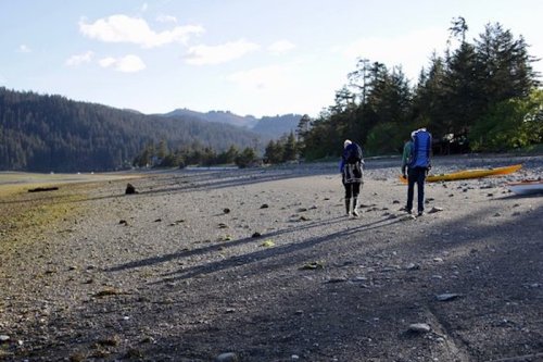 Two people walking along a rocky beach with trees and mountains in the background under a clear blue sky.