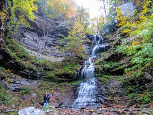 A serene waterfall cascades down rocky cliffs, surrounded by vibrant autumn foliage and a person admiring the view.