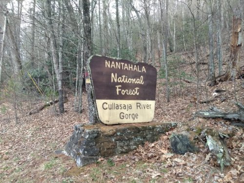 Sign for Nantahala National Forest, indicating the Cullasaja River Gorge, surrounded by trees and fallen leaves.