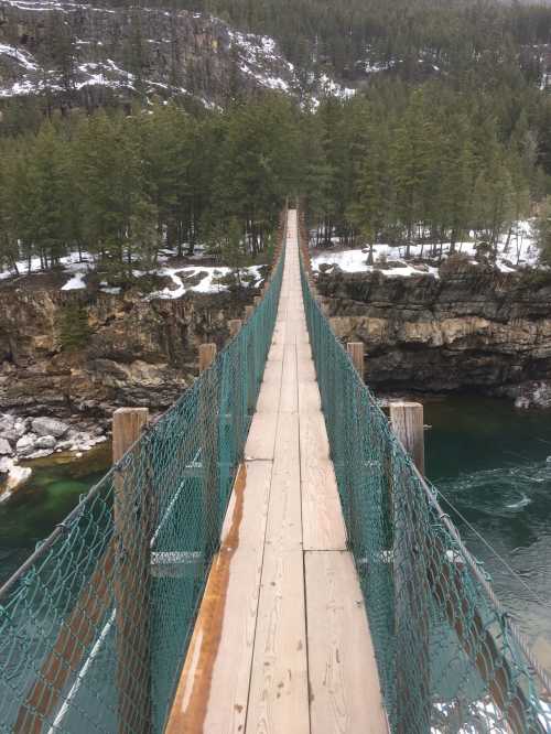 A wooden suspension bridge stretches over a river, surrounded by snow-covered cliffs and dense evergreen trees.