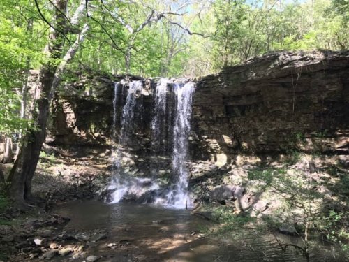 A serene waterfall cascading over rocky cliffs into a calm stream, surrounded by lush green trees and foliage.