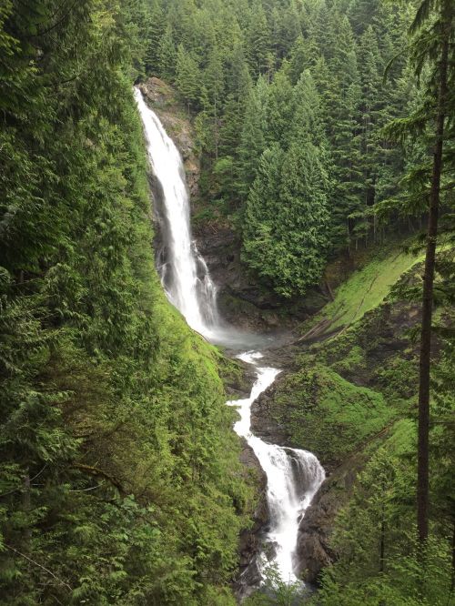 A stunning waterfall cascades down a rocky cliff, surrounded by lush green trees and vibrant foliage.