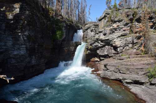 A waterfall cascades over rocky cliffs into a turquoise pool, surrounded by charred trees and clear blue skies.