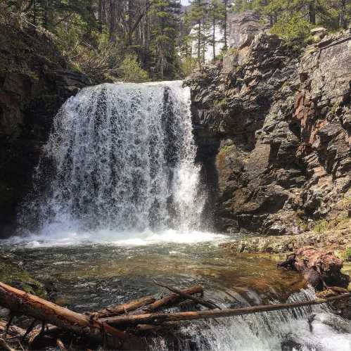 A serene waterfall cascades over rocky cliffs, surrounded by lush greenery and a tranquil pool below.