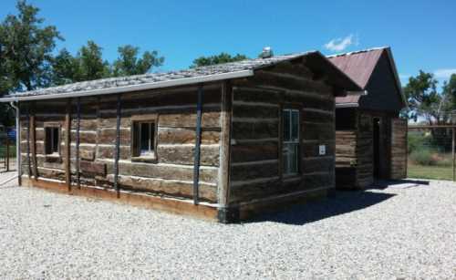 A rustic log cabin with a metal roof, surrounded by gravel and trees under a clear blue sky.