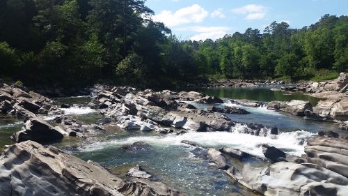 A serene river flows over rocky terrain, surrounded by lush green trees and a clear blue sky.