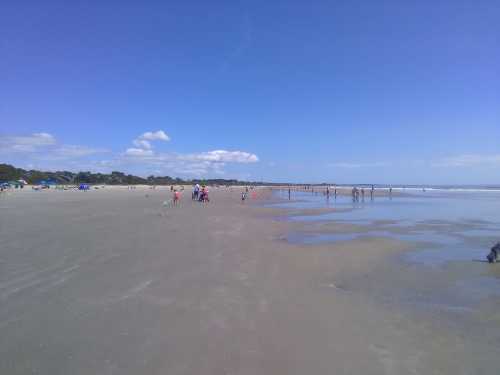 A wide beach scene with people walking, playing, and enjoying the sunny day under a clear blue sky.