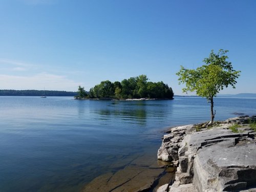 A serene lake scene featuring calm waters, a small island with trees, and rocky shoreline under a clear blue sky.