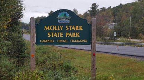 Sign for Molly Stark State Park, indicating camping, hiking, and picnicking, surrounded by trees and a road.