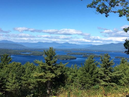 A scenic view of a lake surrounded by mountains and lush greenery under a clear blue sky with fluffy clouds.