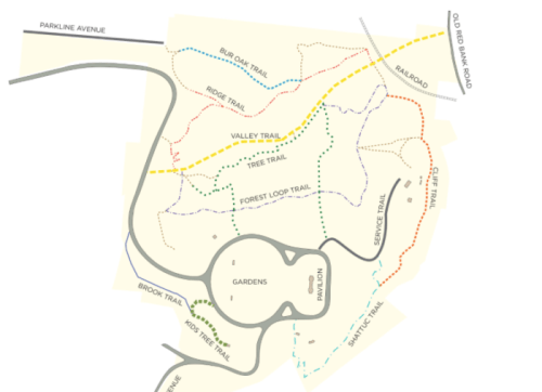 Map of trails and paths in a park, including Valley Trail, Tree Trail, and Forest Loop Trail, with surrounding roads.