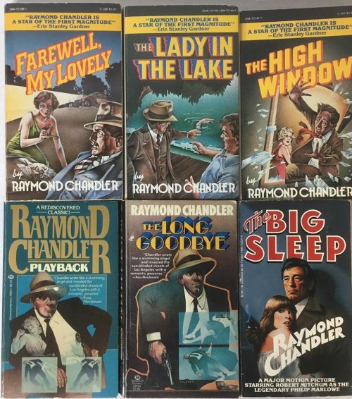 A collage of six vintage Raymond Chandler book covers featuring noir-style illustrations and titles.