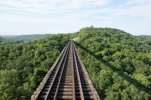 A view of railway tracks stretching into the distance, surrounded by lush green hills and trees under a clear blue sky.