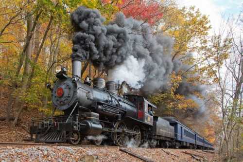 A vintage steam locomotive billows black smoke while traveling through a colorful autumn forest.