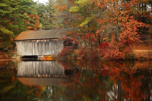 A rustic covered bridge surrounded by vibrant autumn foliage reflecting in a calm pond.