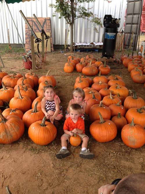 Three children sit among a patch of bright orange pumpkins, smiling and enjoying a fall day.