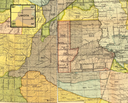 Map of the Lakota region, showing various land divisions and boundaries, with a small inset map of surrounding states.