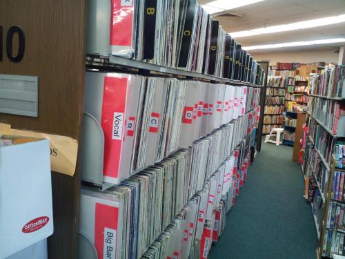 A row of organized vinyl records in a library, labeled by genre and artist, with a green carpeted floor.