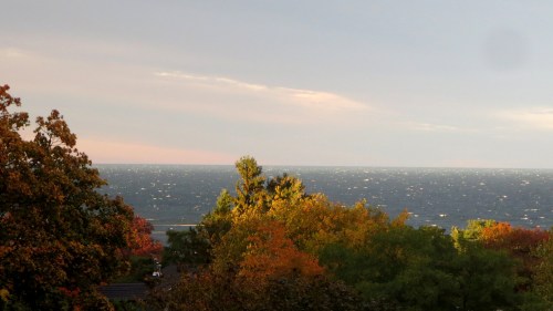 A serene view of the ocean with colorful autumn trees in the foreground under a partly cloudy sky.